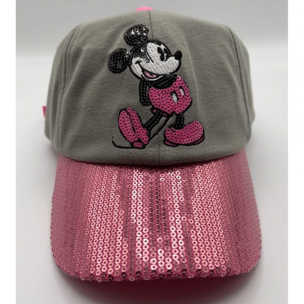 Walt Disney World Pink Gray Sequin Mickey Mouse Adjustable Baseball Cap